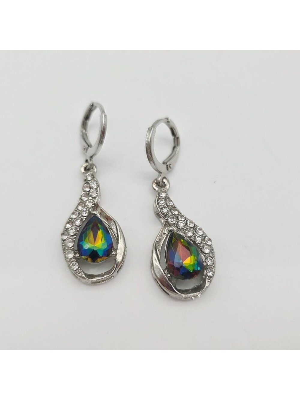 Teardrop Rainbow Crystal & Rhinestone Dangle Earrings Silver-Tone